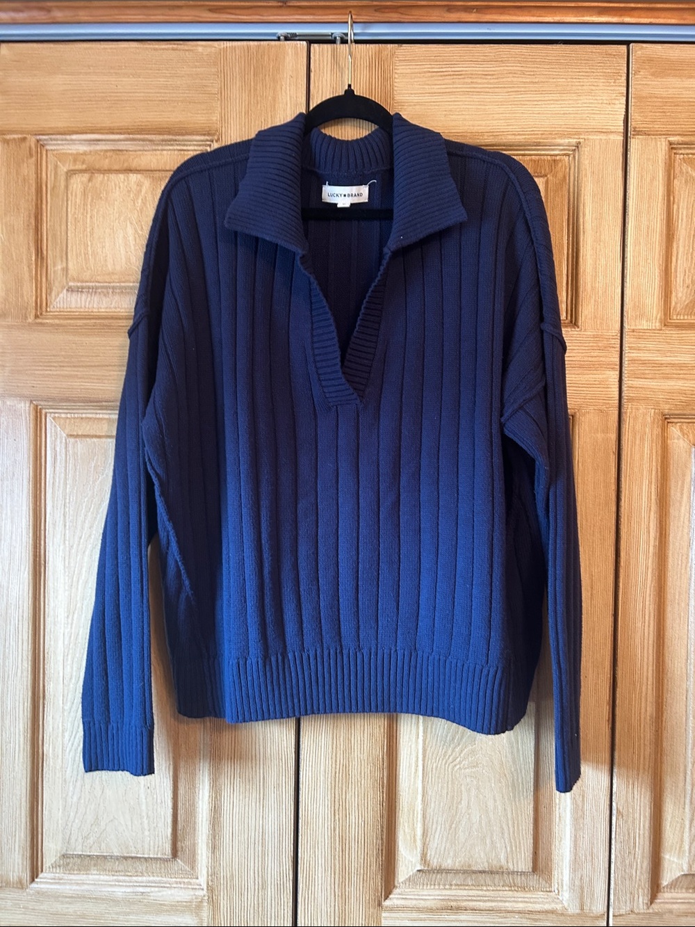 Lucky Brand Women’s Navy Ribbed V-Neck Collared Sweater